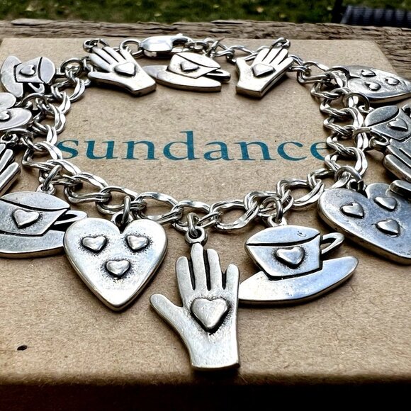 Sundance $538 NEW 7.5” Heart Hand Hat Silver Double Link Charm Handmade Bracelet - Picture 3 of 15